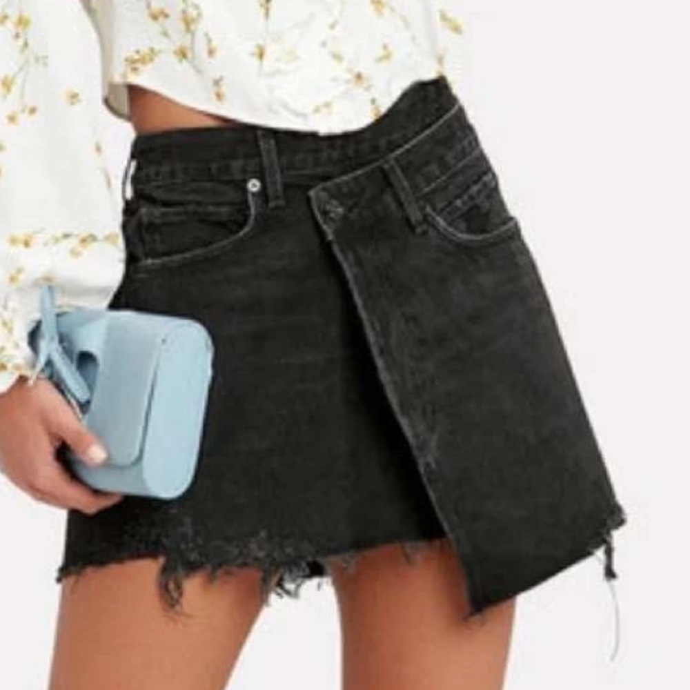 Agolde Black Distressed Denim Mini Skirt